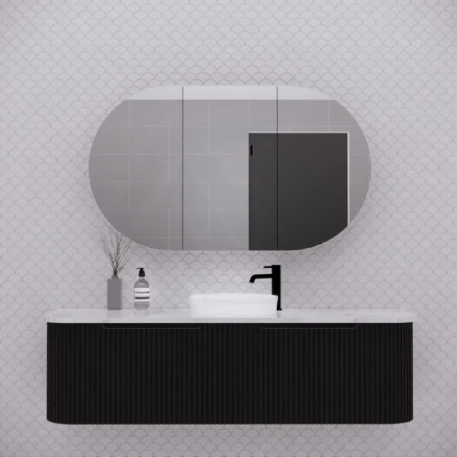 1200x700x140mm Oval Pencil Edge Mirror Wall Hung Shaving Cabinet Matt Black