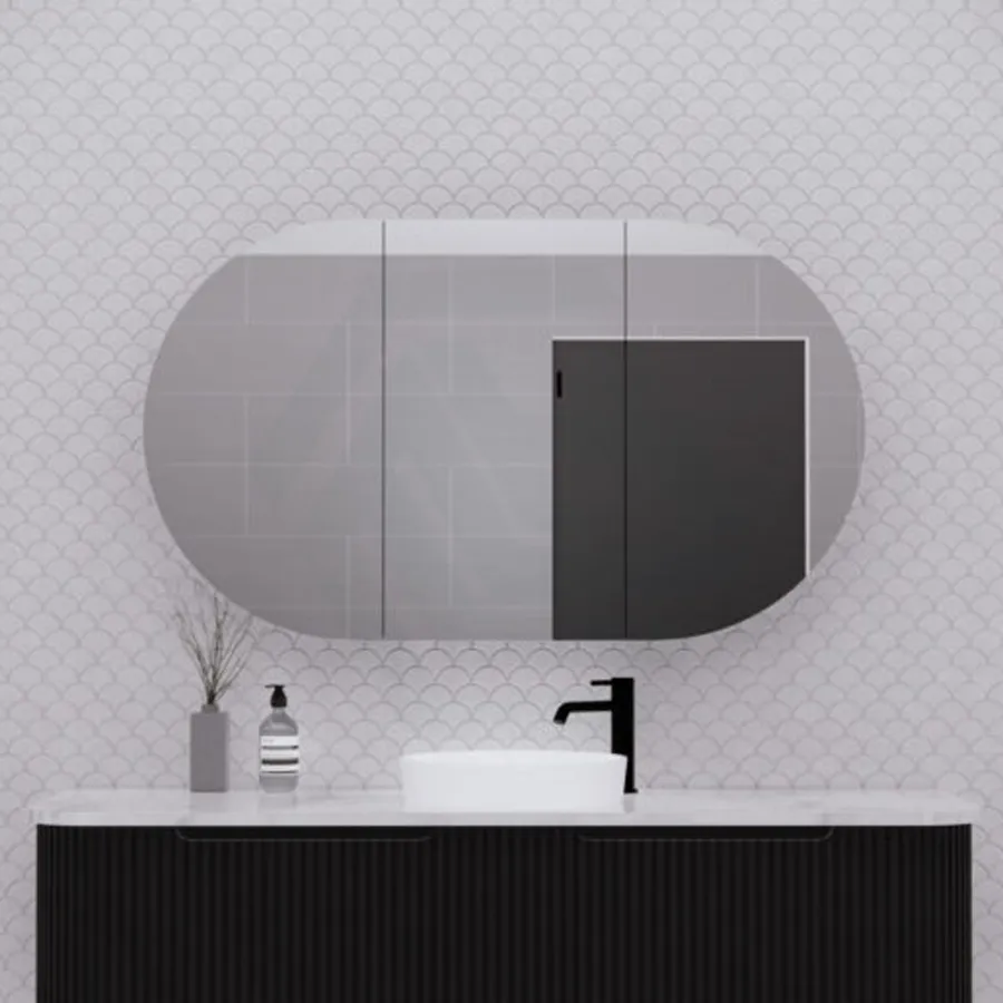 1200x700x140mm Oval Pencil Edge Mirror Wall Hung Shaving Cabinet Matt Black