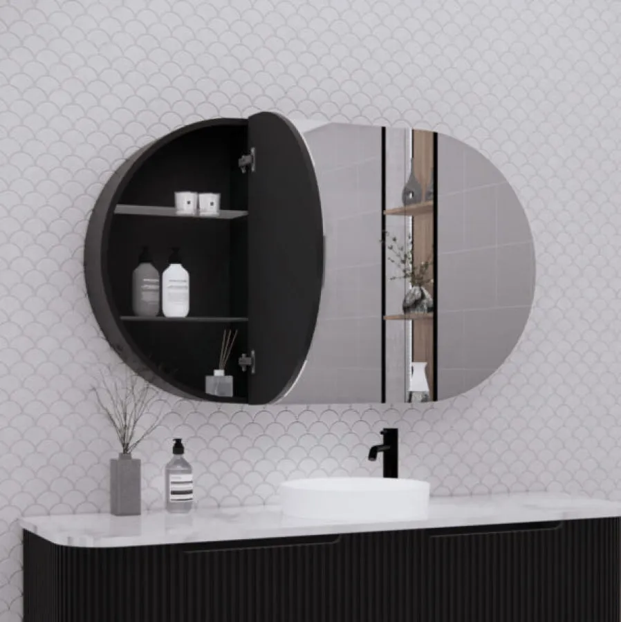 1200x700x140mm Oval Pencil Edge Mirror Wall Hung Shaving Cabinet Matt Black