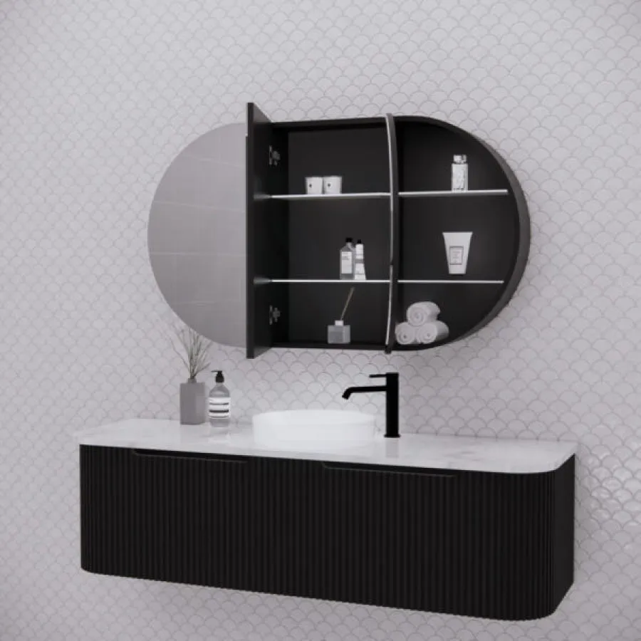 1200x700x140mm Oval Pencil Edge Mirror Wall Hung Shaving Cabinet Matt Black