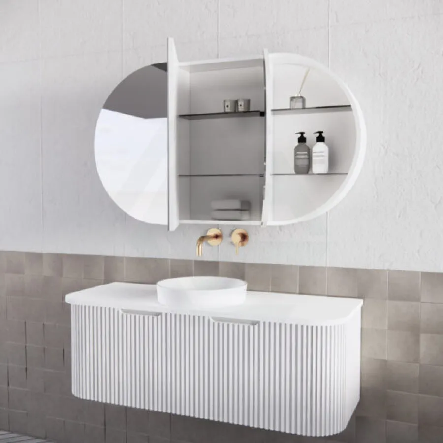 1200x700x140mm Oval Pencil Edge Mirror Wall Hung Shaving Cabinet Matt White