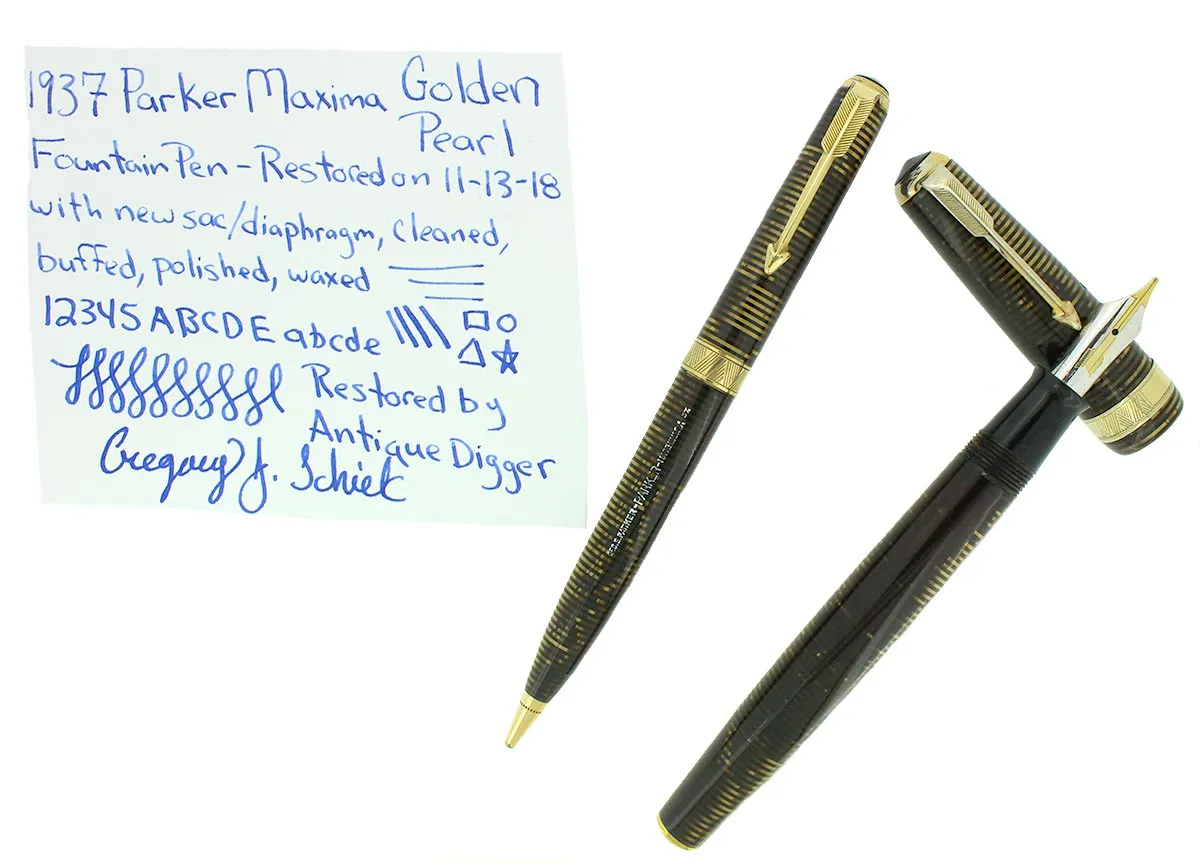 1937 PARKER GOLDEN PEARL SENIOR MAXIMA VACUMATIC SET DJ FOUNTAIN PEN RESTORED