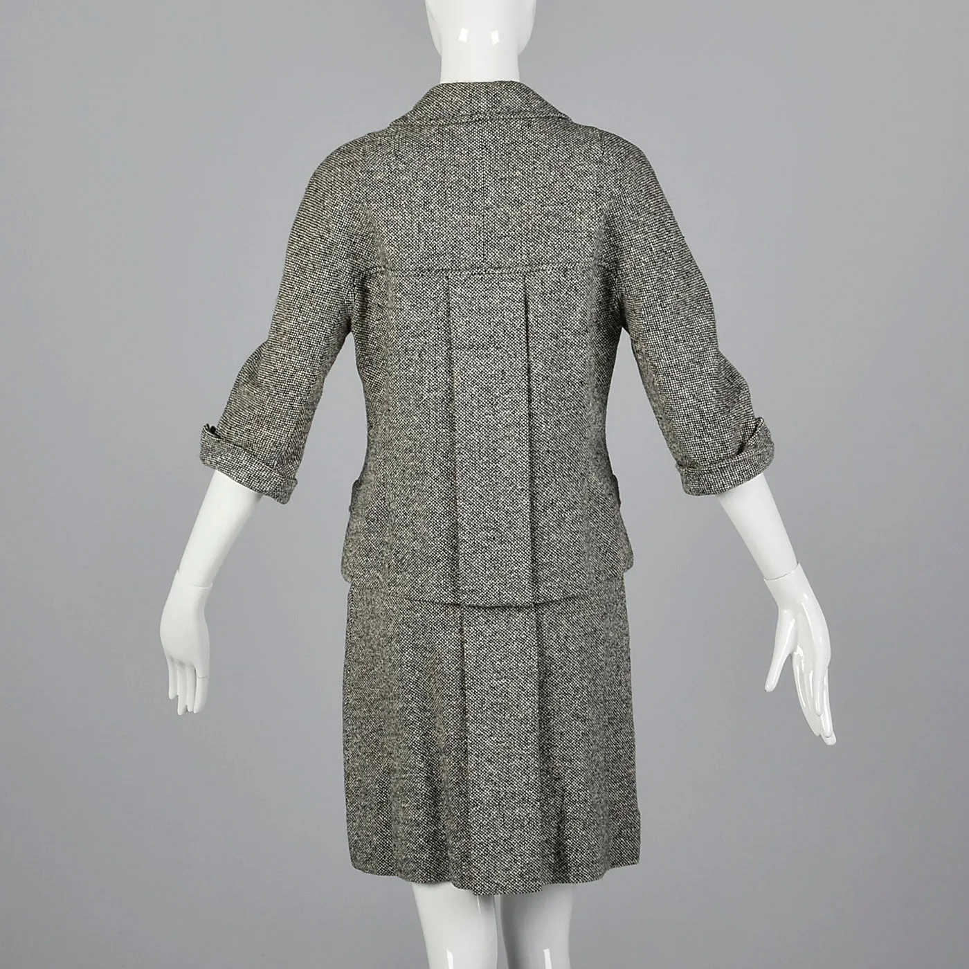 1960s Black and White Tweed Skirt Suit with Red Lining