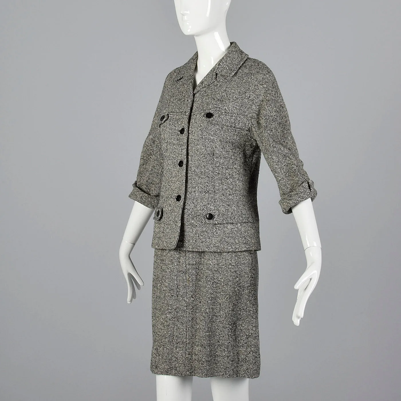 1960s Black and White Tweed Skirt Suit with Red Lining