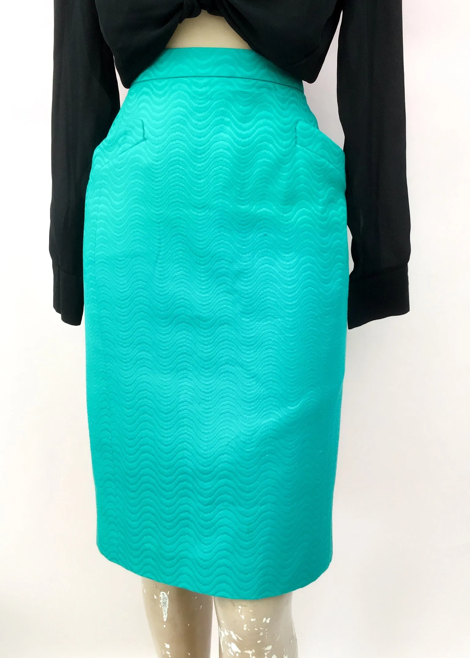 1990s Vintage Caroline Charles Tailored Turquoise Skirt Suit