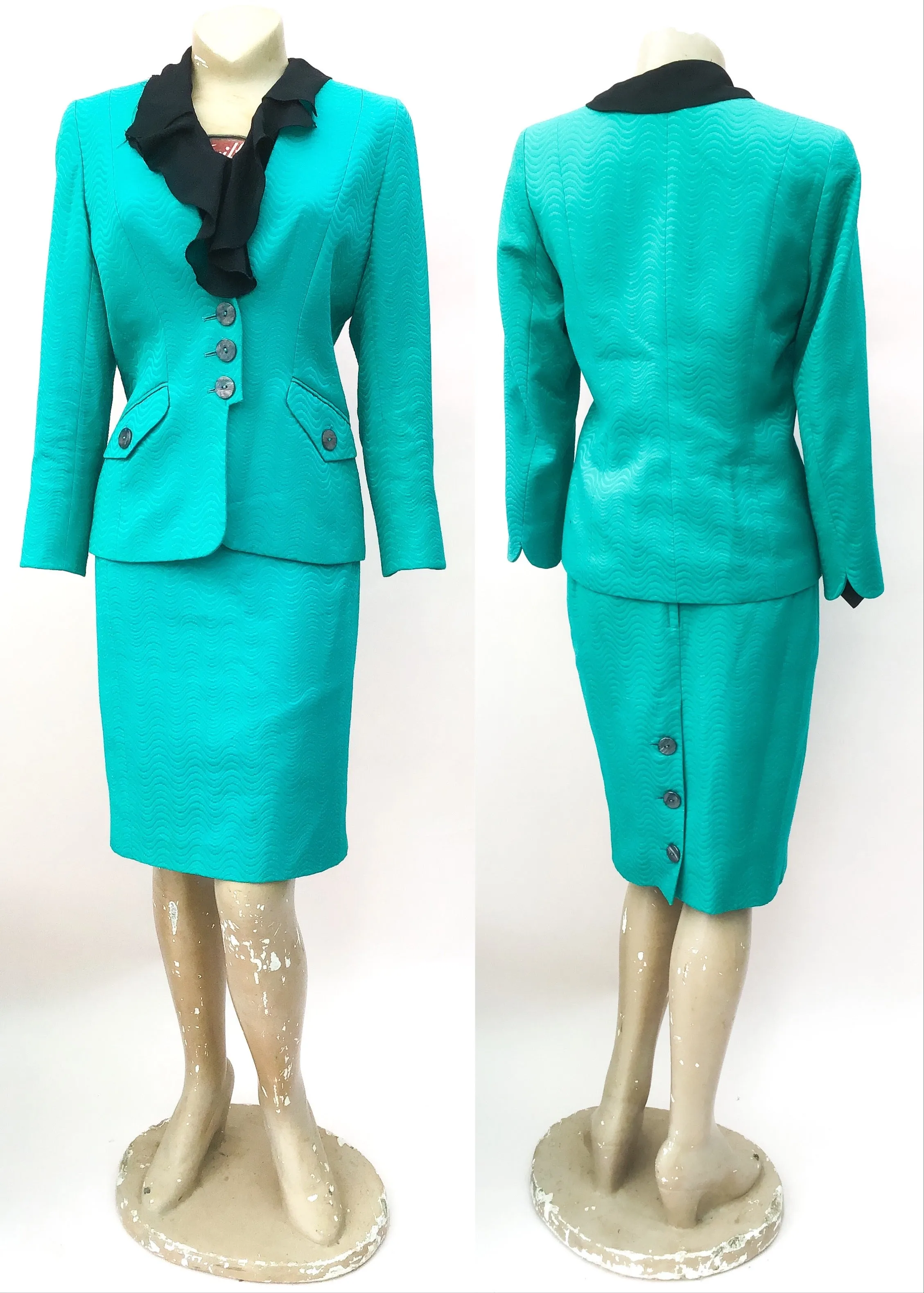 1990s Vintage Caroline Charles Tailored Turquoise Skirt Suit