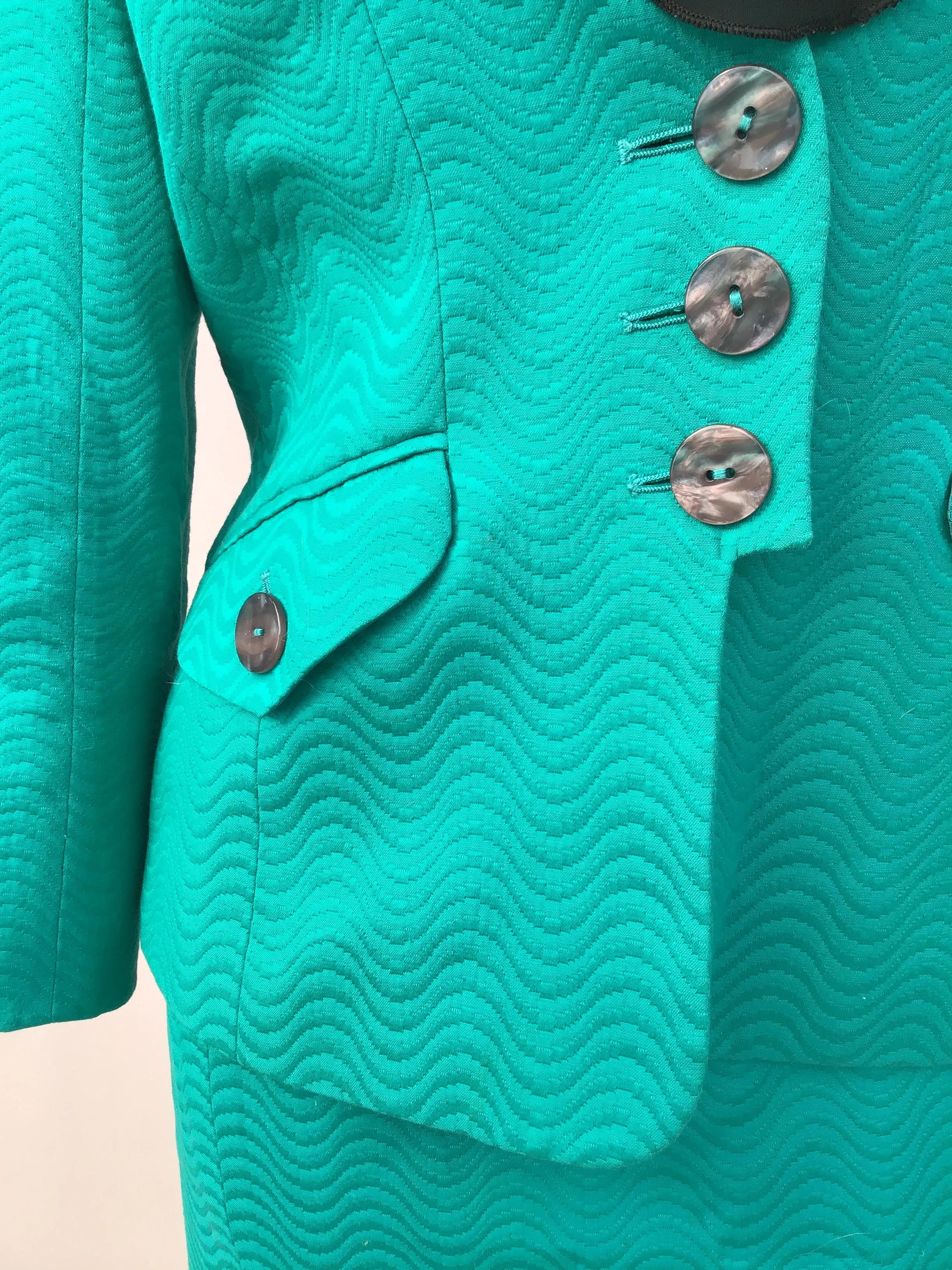 1990s Vintage Caroline Charles Tailored Turquoise Skirt Suit