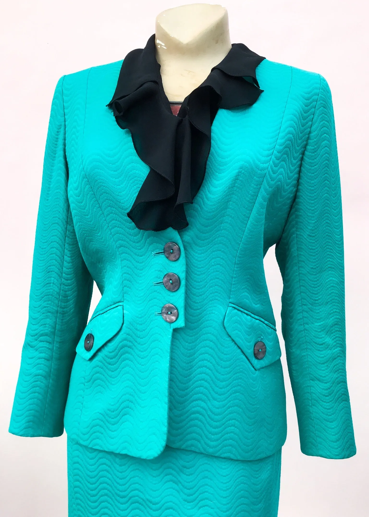 1990s Vintage Caroline Charles Tailored Turquoise Skirt Suit