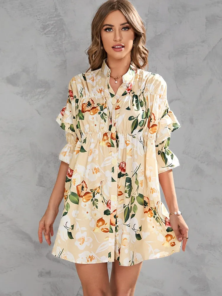 2022 Summer Single Breasted Dress Comfortable Printed V-neckline Dress Fashion Temperament Commuter Women's Wear Dresses Women