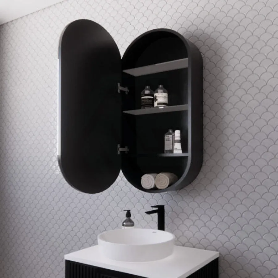 450x870x140mm Oval Pencil Edge Mirror Wall Hung Shaving Cabinet Matt Black