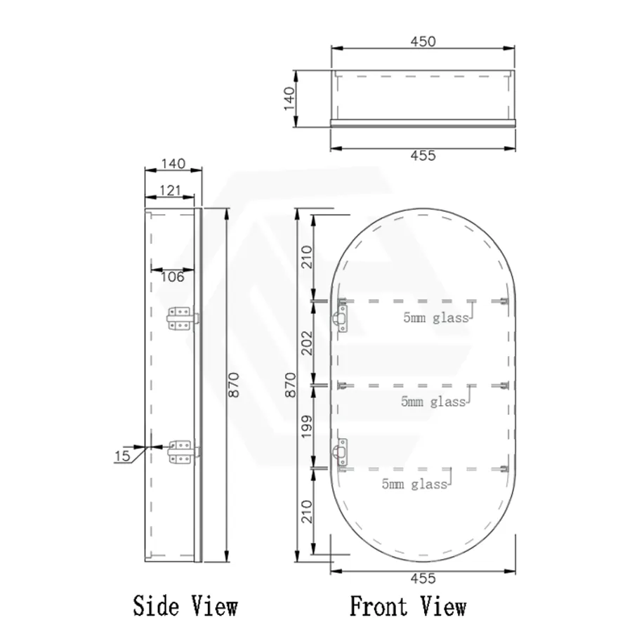 450x870x140mm Oval Pencil Edge Mirror Wall Hung Shaving Cabinet Matt White