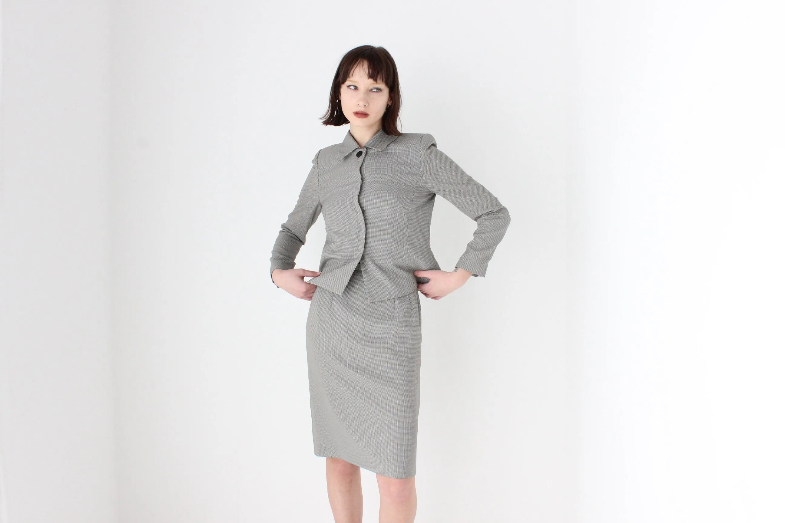 90s Houndstooth Check Sexy Professional Fitted Two Piece Skirt Suit