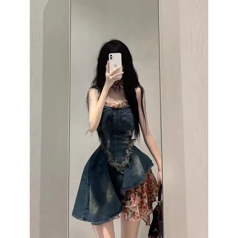 Amozae fall 2024 fashion trends 2024 Summer New Hot Girl Vintage Rose Floral Stitching Denim Dress Women's Frayed Waist Tube Top Skirt