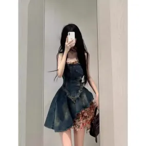 Amozae fall 2024 fashion trends 2024 Summer New Hot Girl Vintage Rose Floral Stitching Denim Dress Women's Frayed Waist Tube Top Skirt