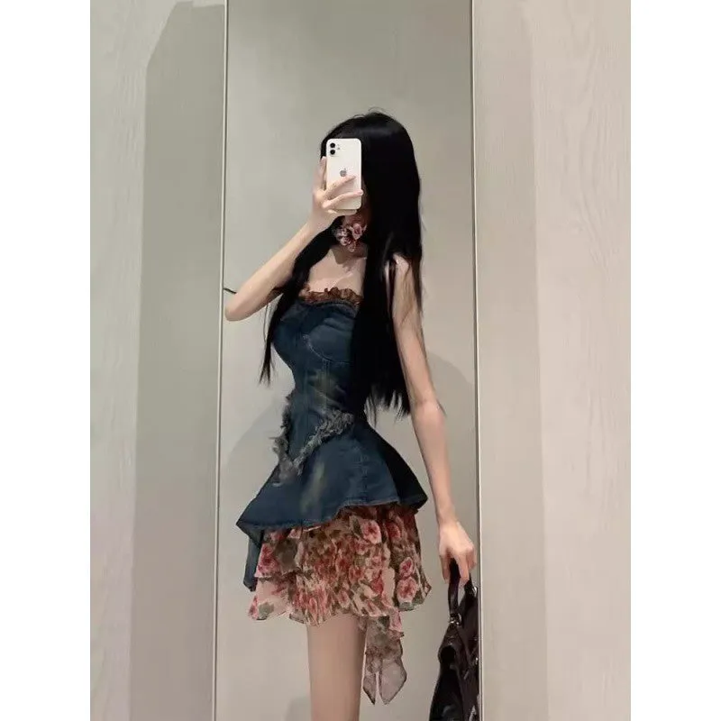 Amozae fall 2024 fashion trends 2024 Summer New Hot Girl Vintage Rose Floral Stitching Denim Dress Women's Frayed Waist Tube Top Skirt