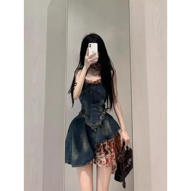 Amozae fall 2024 fashion trends 2024 Summer New Hot Girl Vintage Rose Floral Stitching Denim Dress Women's Frayed Waist Tube Top Skirt