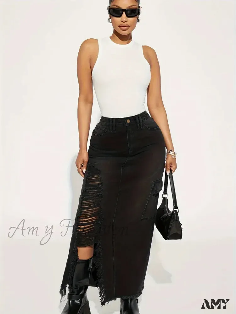 Amy Fashion - Black Flap Pockets Denim Midi Skirt Raw Hem Distressed Washed Cargo Denim Skirt Jean