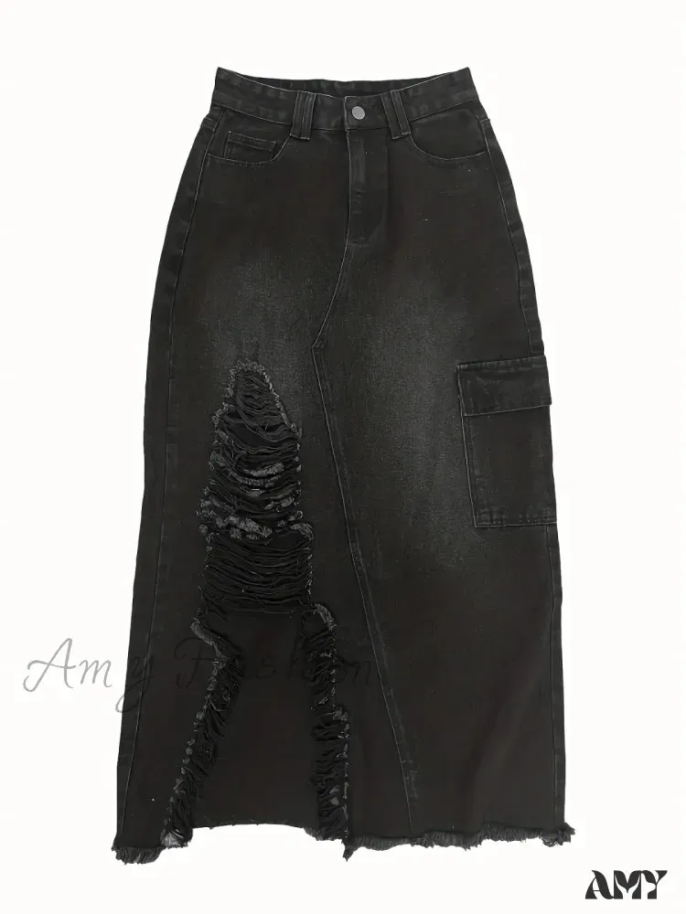 Amy Fashion - Black Flap Pockets Denim Midi Skirt Raw Hem Distressed Washed Cargo Denim Skirt Jean