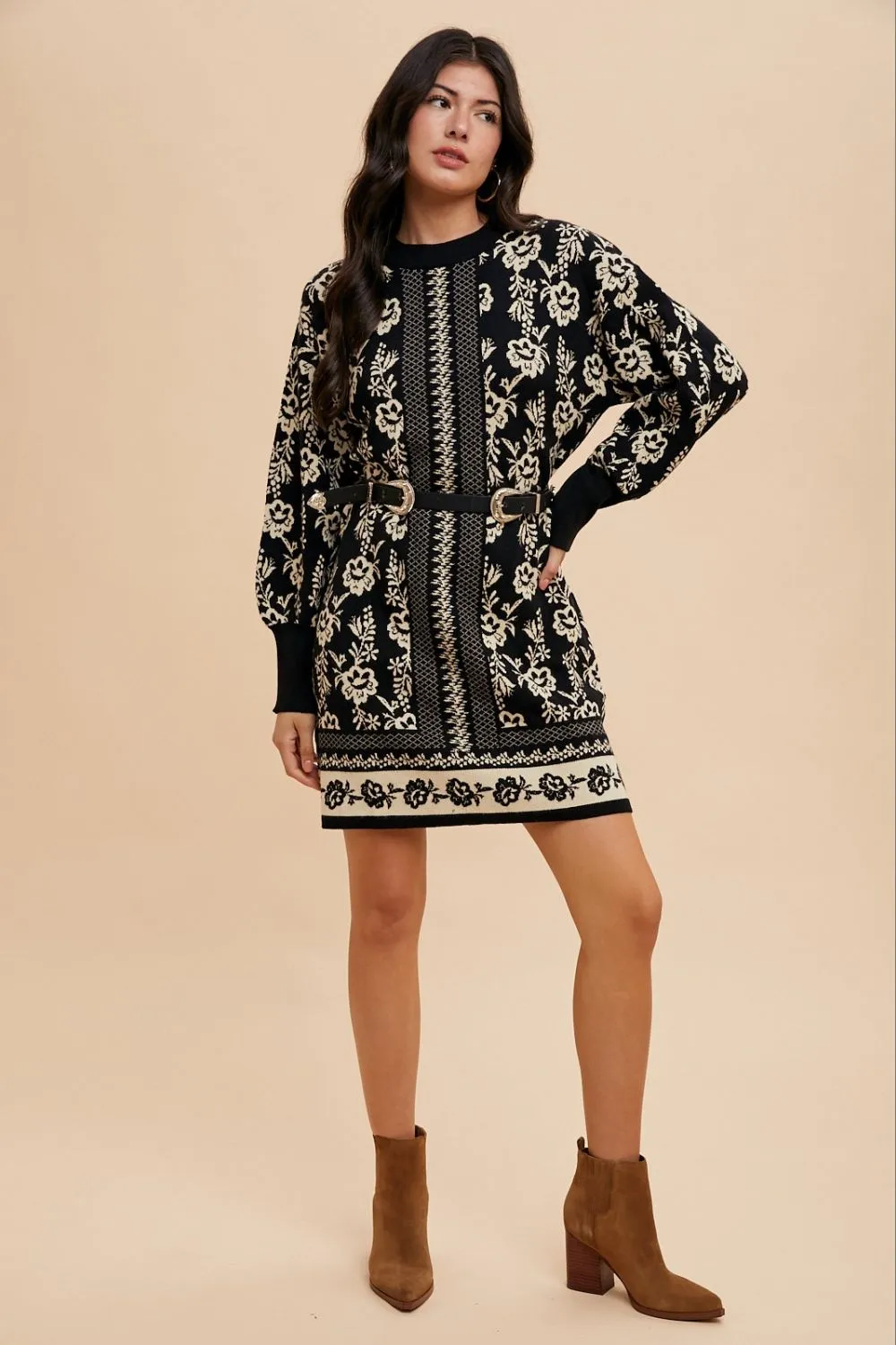 Annie Wear Floral Jacquard Round Neck Sweater Dress