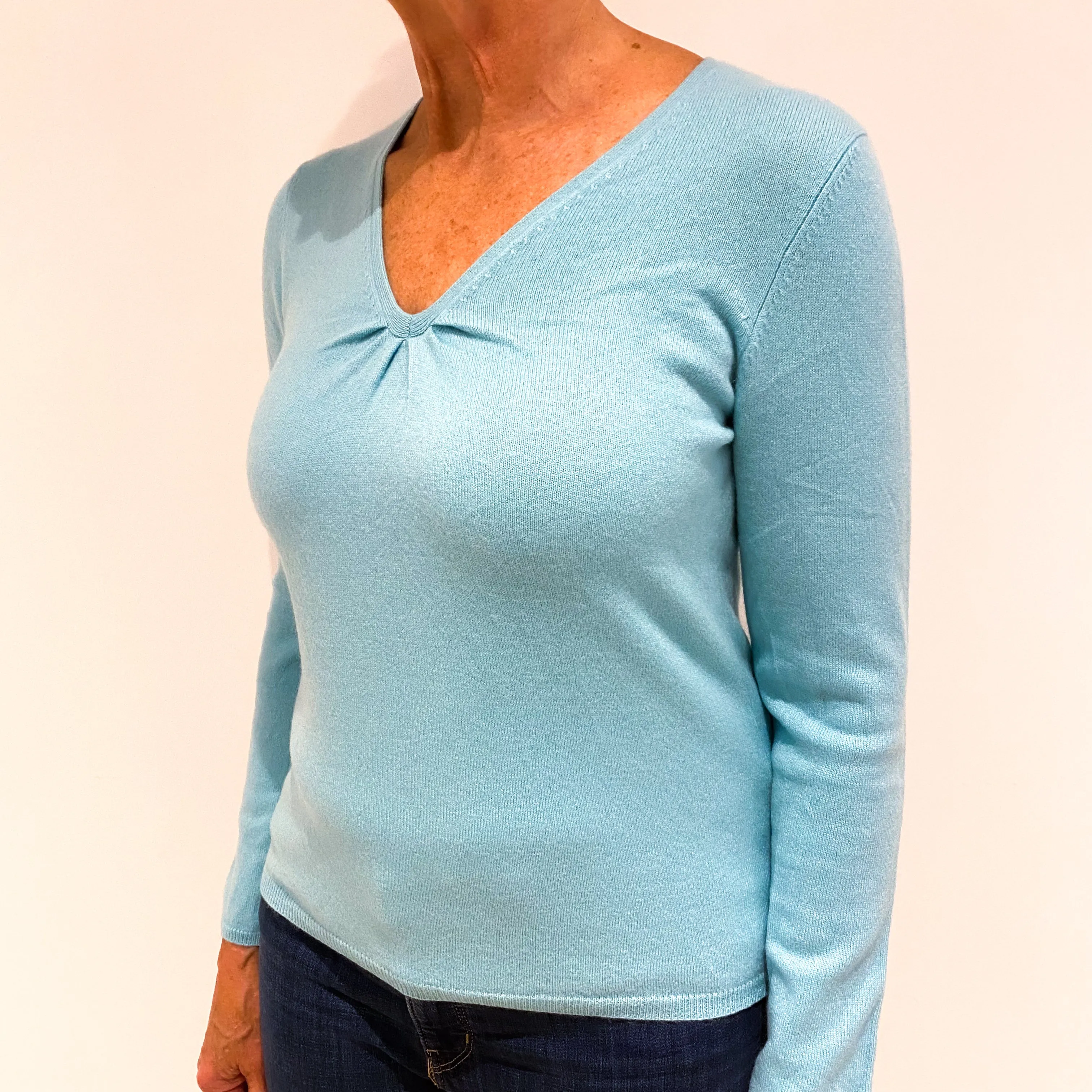 Aqua Blue Cashmere Gathered V-Neck Jumper Medium