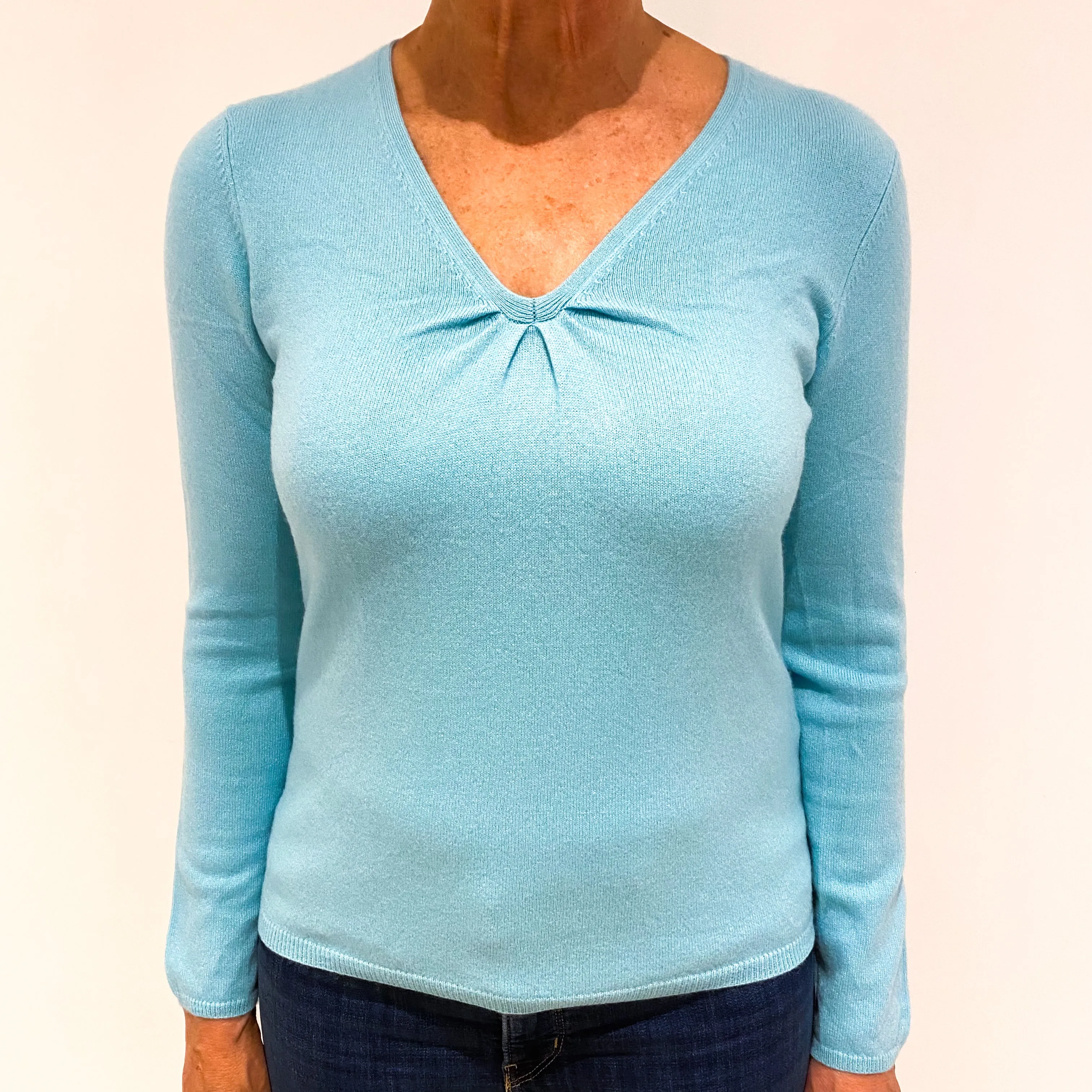 Aqua Blue Cashmere Gathered V-Neck Jumper Medium