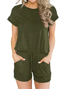 Army Green Short Summer Crewneck Casual Loose Short Sleeve Jumpsuit Rompers One Piece Pajamas Loungewear with Pockets - ANRABESS