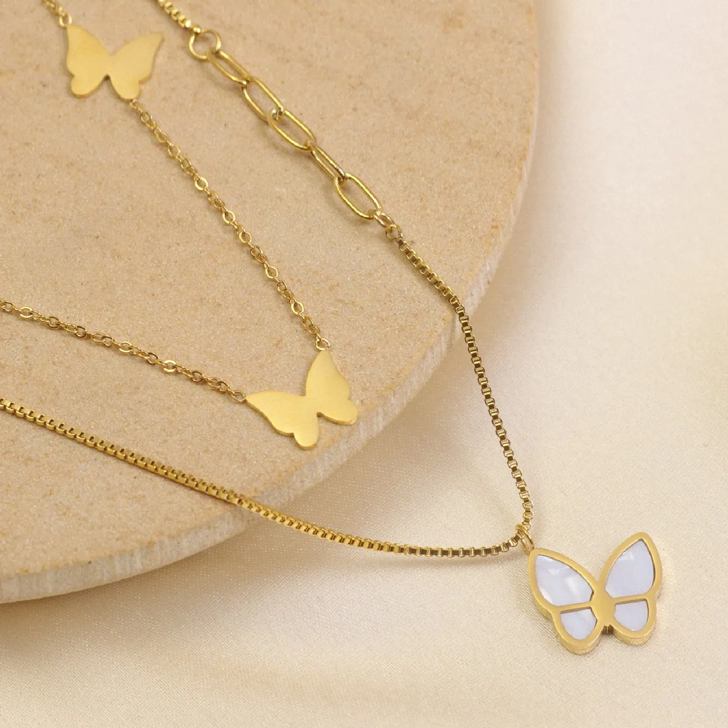 Artklim Gold Plated Double Layered Butterfly Pendant Necklace