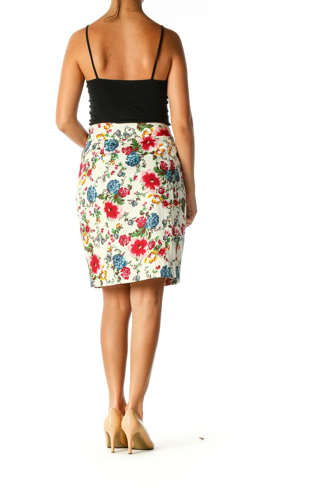 Beige Floral Print Retro Straight Skirt