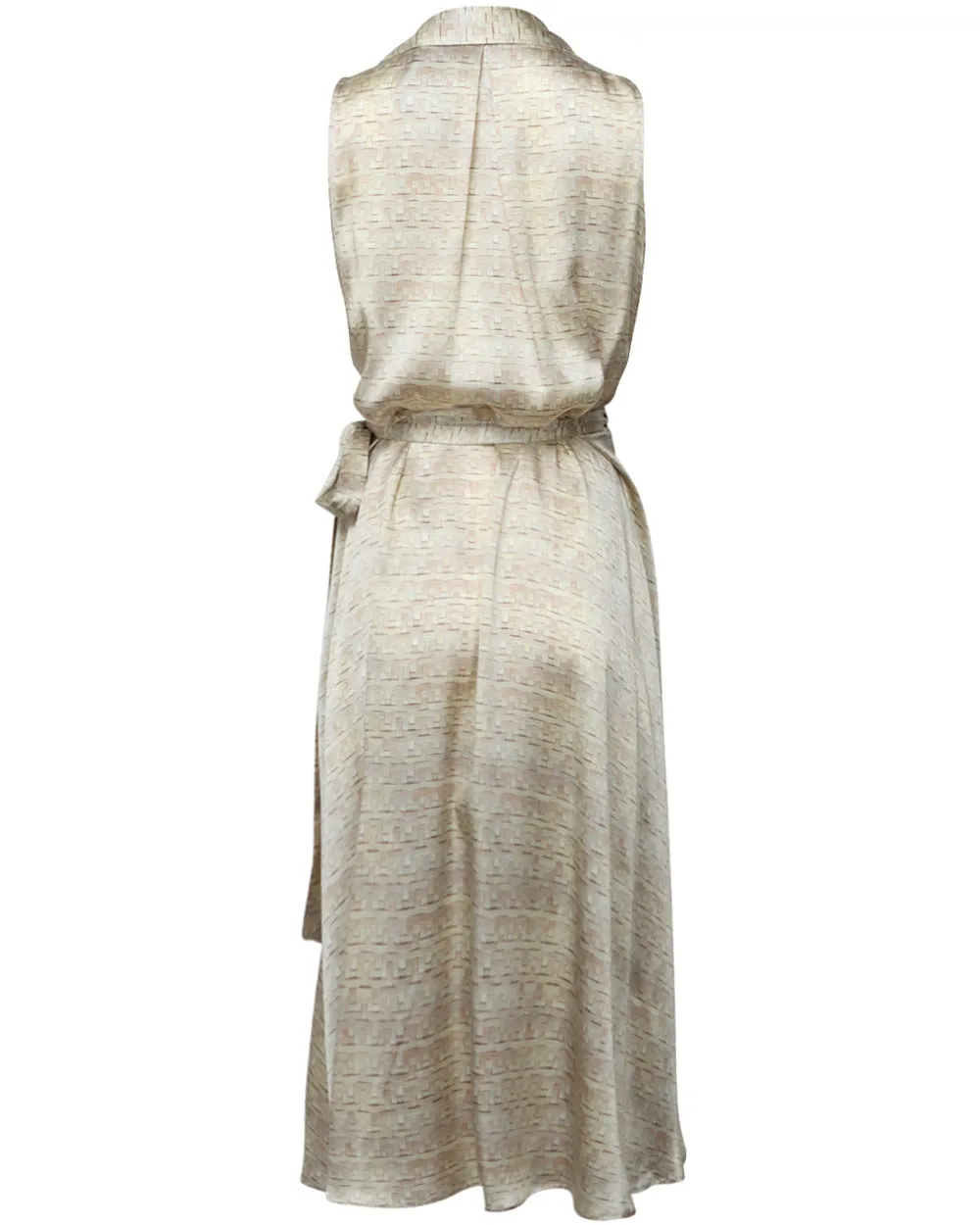 Beige Woven Print Sleeveless Midi Dress