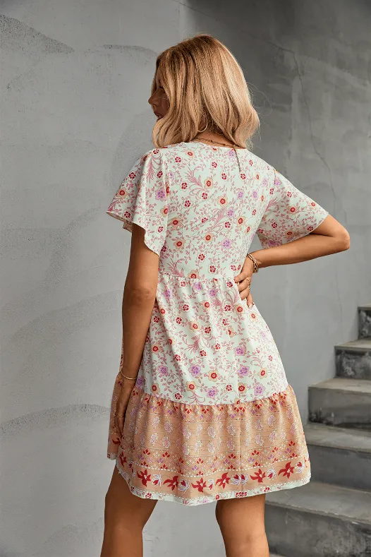 BerryBetty - Button V-Neck Positioning Flower Loose Dress