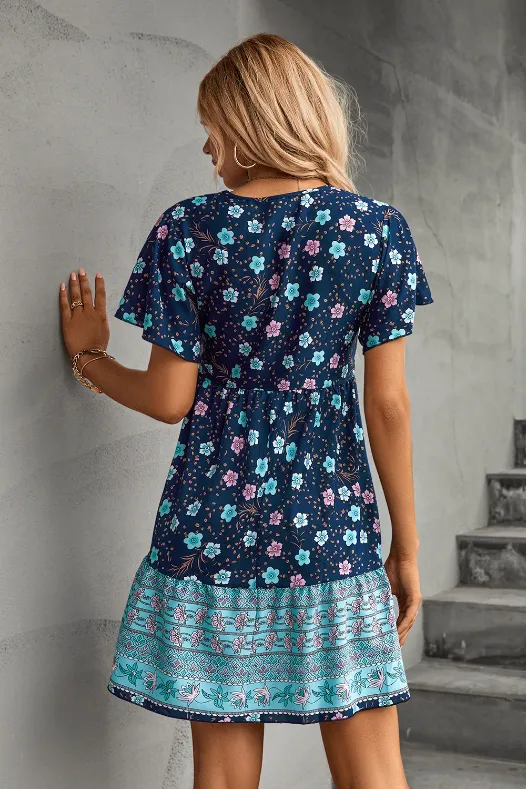 BerryBetty - Button V-Neck Positioning Flower Loose Dress