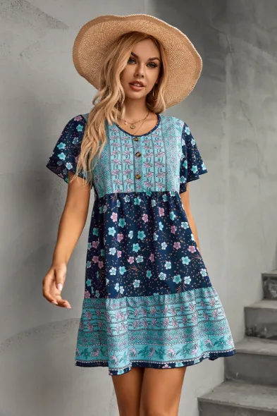 BerryBetty - Button V-Neck Positioning Flower Loose Dress