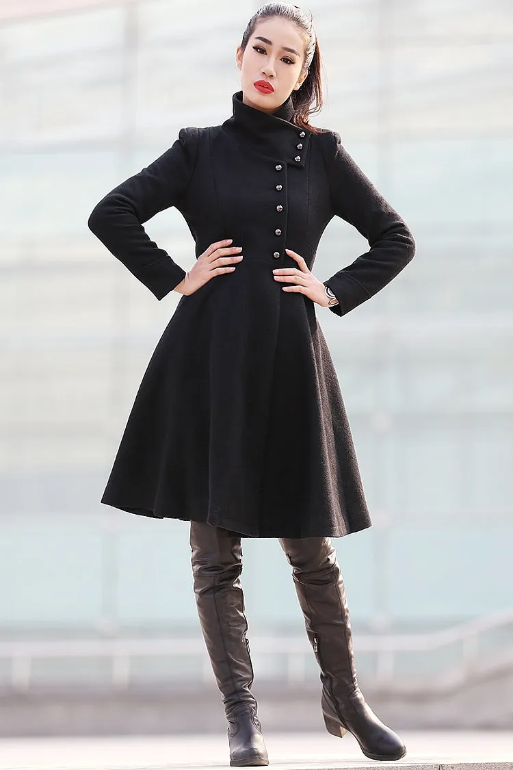 Black Big Sweep High Collar Women Wool Coat C220