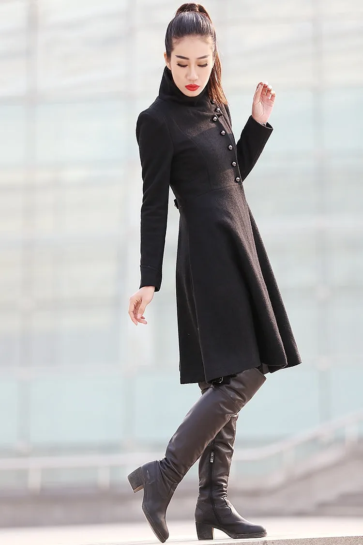 Black Big Sweep High Collar Women Wool Coat C220