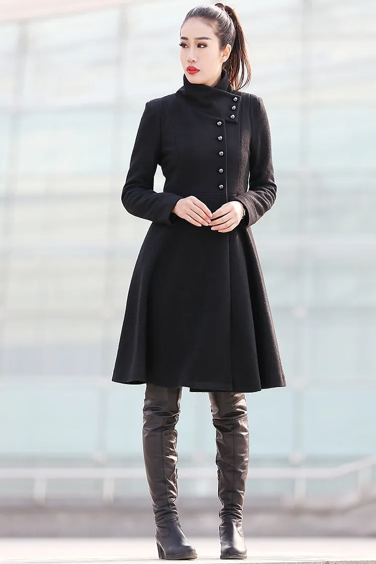 Black Big Sweep High Collar Women Wool Coat C220