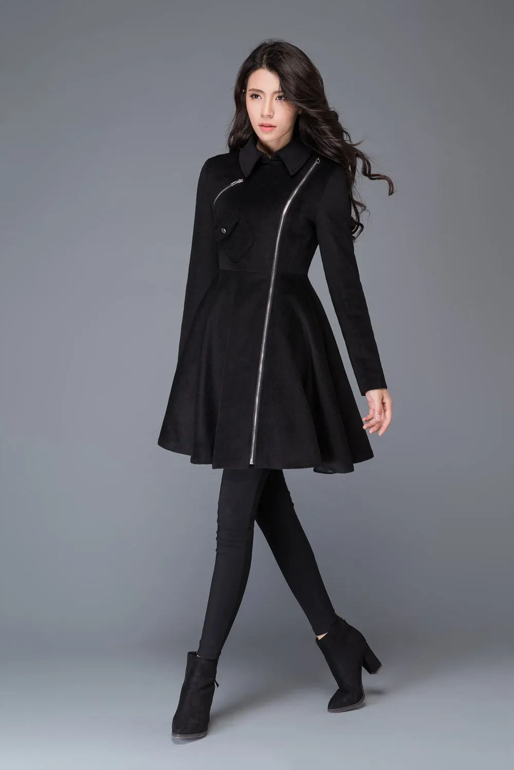 black coat, Asymmetric coat, winter coat, wool coat, zipper coat, women jackets, womens coats, custom coat, fit and flare coat C990