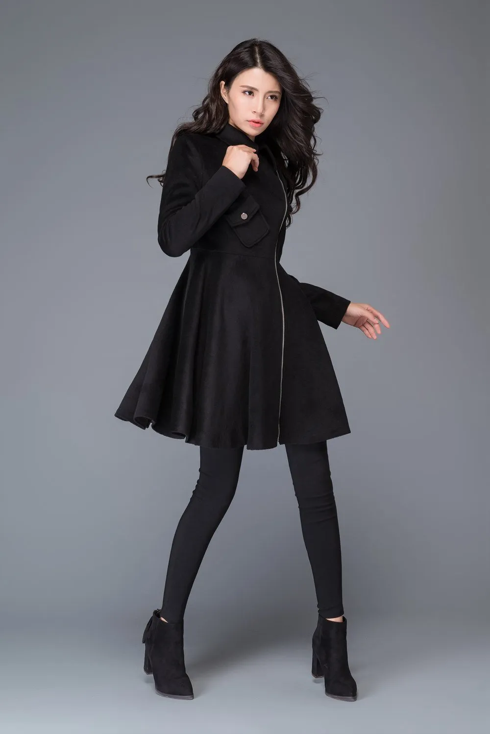 black coat, Asymmetric coat, winter coat, wool coat, zipper coat, women jackets, womens coats, custom coat, fit and flare coat C990