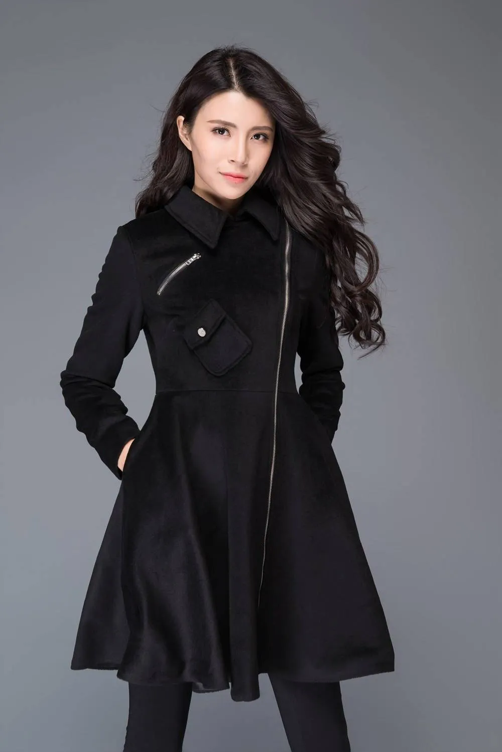 black coat, Asymmetric coat, winter coat, wool coat, zipper coat, women jackets, womens coats, custom coat, fit and flare coat C990