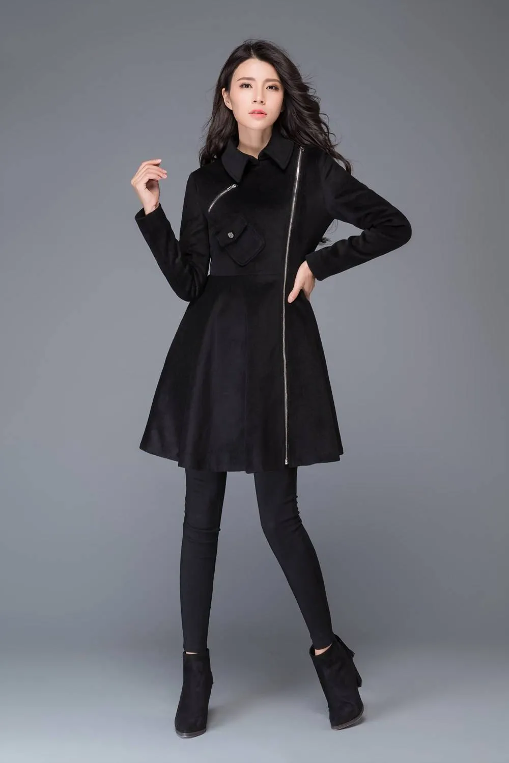 black coat, Asymmetric coat, winter coat, wool coat, zipper coat, women jackets, womens coats, custom coat, fit and flare coat C990