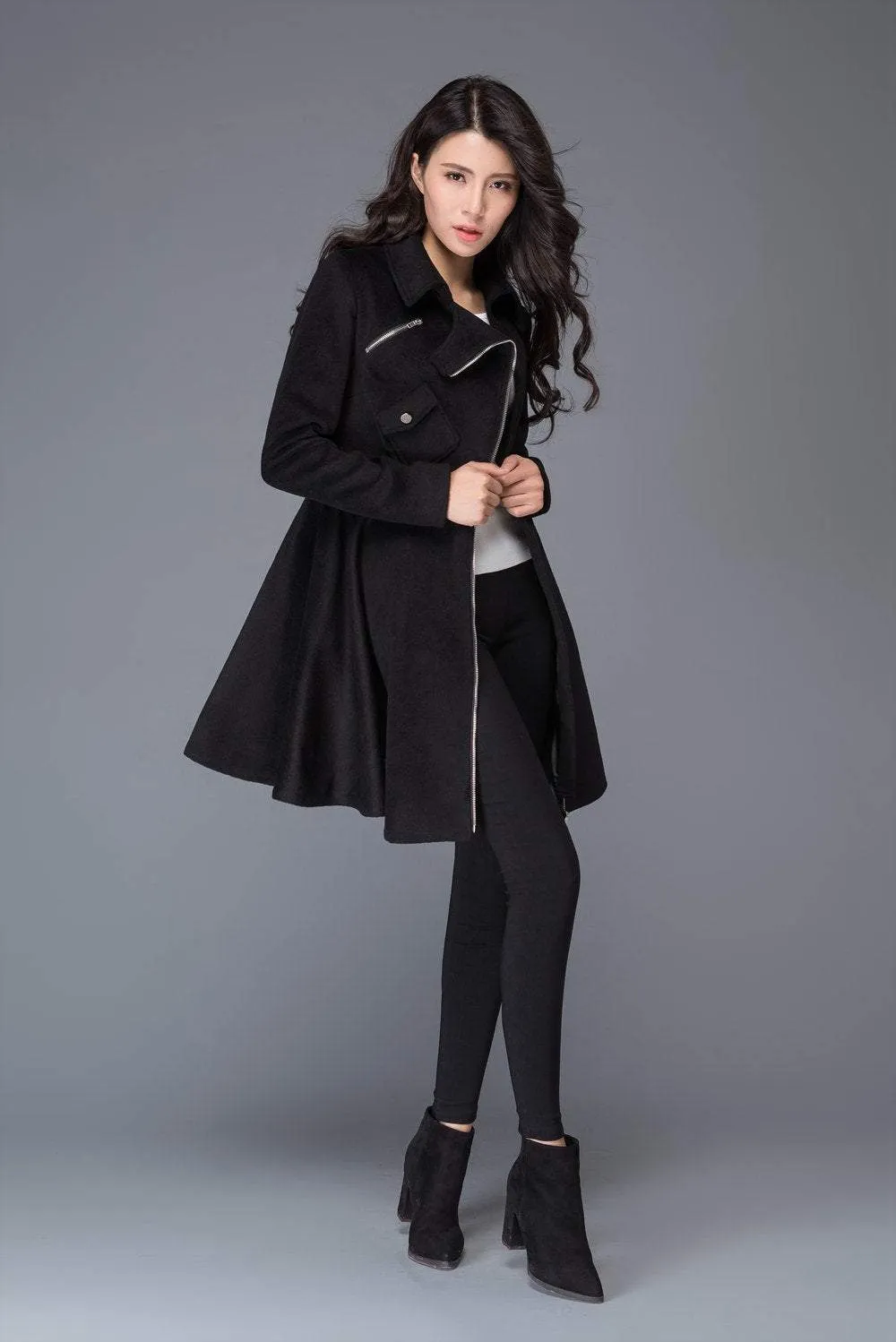 black coat, Asymmetric coat, winter coat, wool coat, zipper coat, women jackets, womens coats, custom coat, fit and flare coat C990