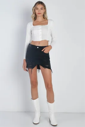 Black Denim High Waist Distressed Raw Hem Detail Mini Skirt /3-2-1