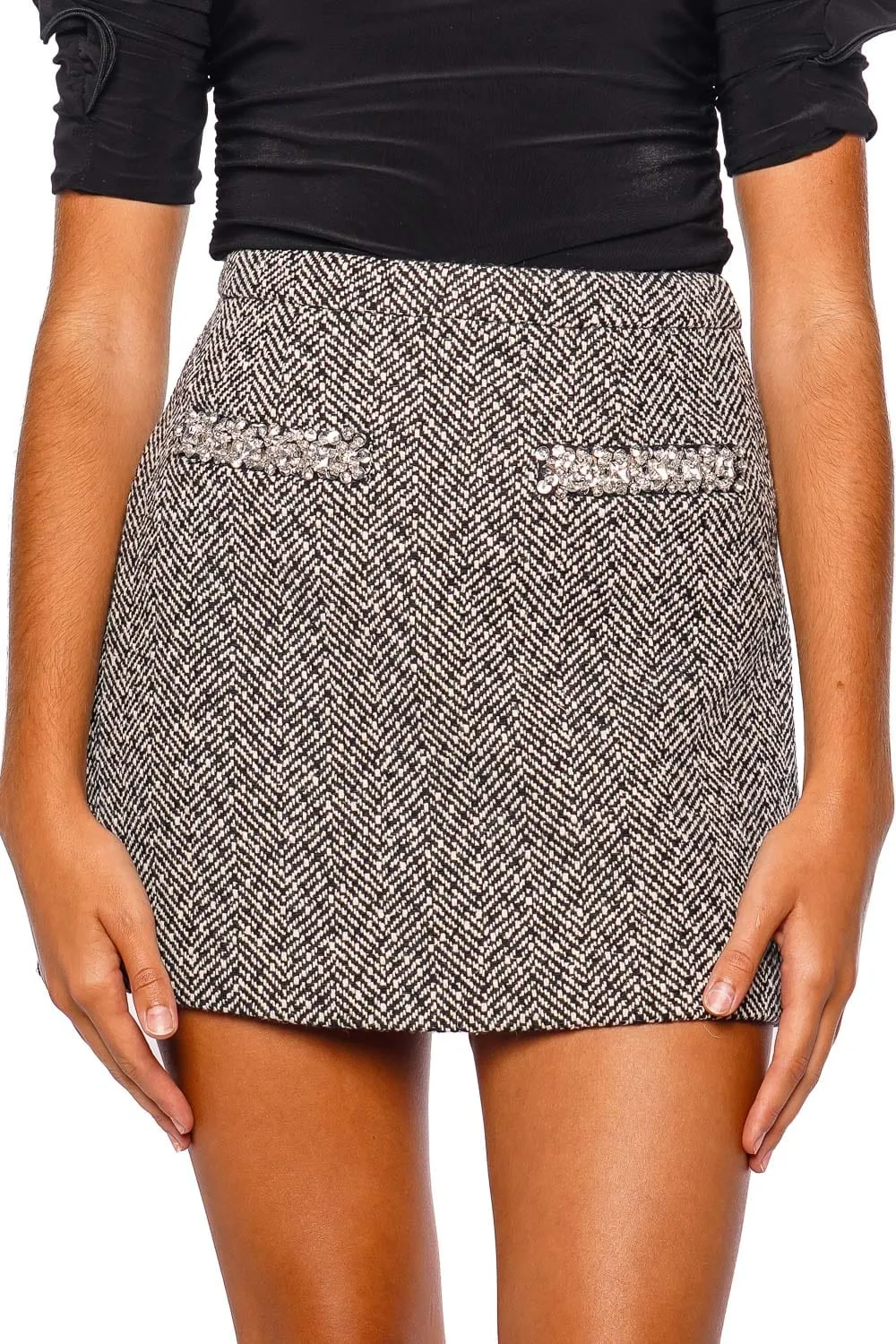 Black Herringbone Diamanté Mini Skirt