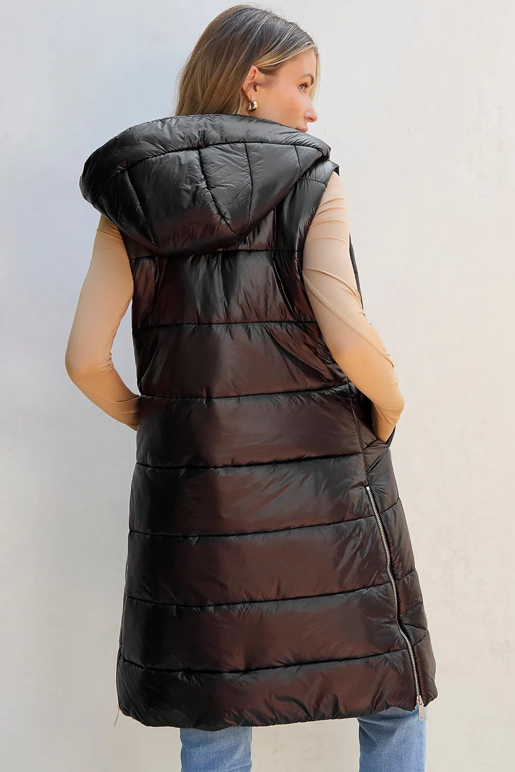 Black Hooded Long Quilted Vest Coat