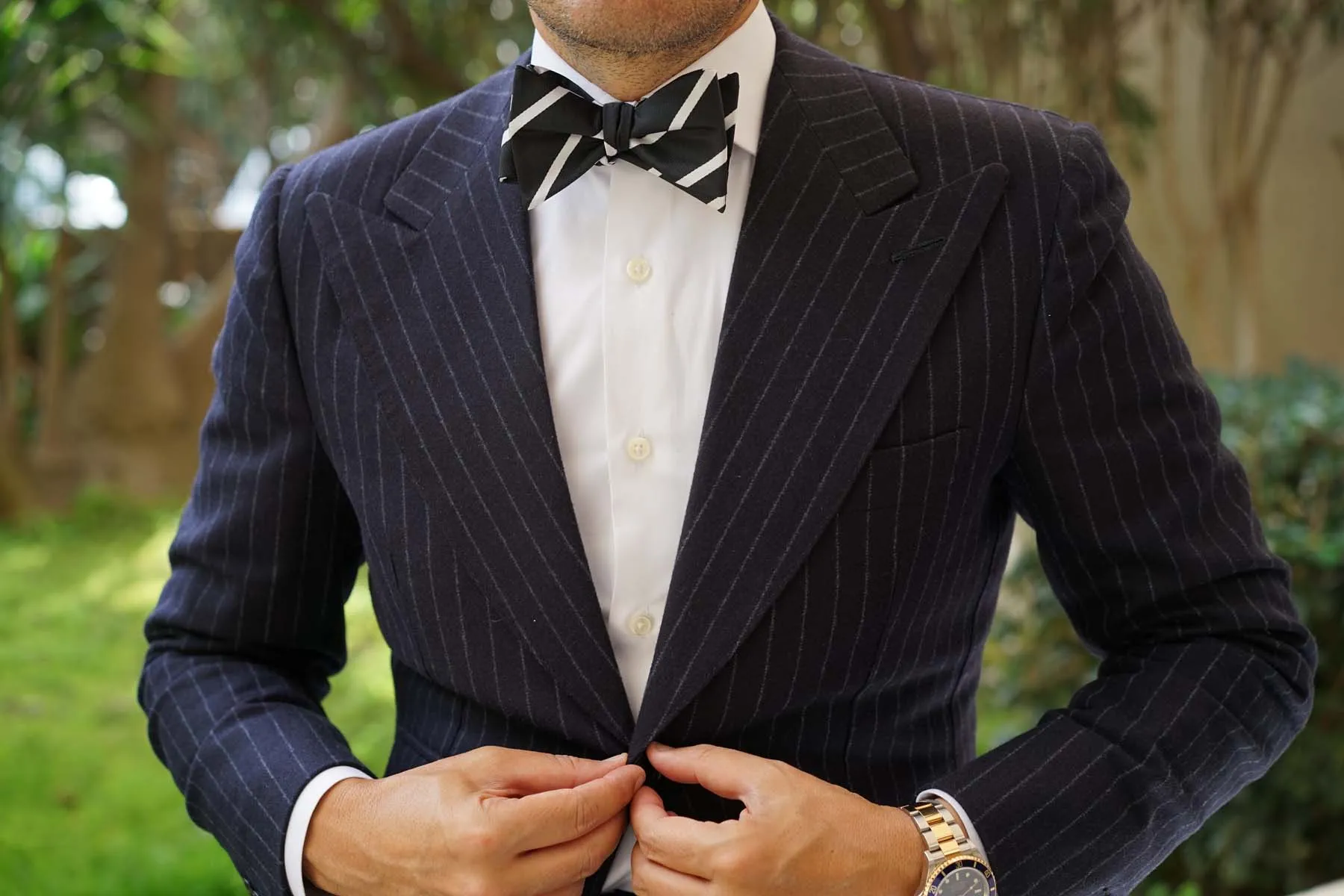 Black Pencil Stripe Self Bow Tie