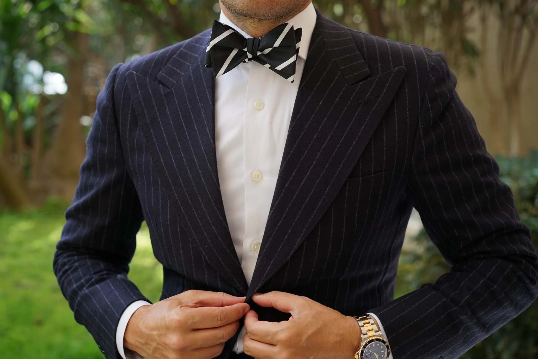 Black Pencil Stripe Self Bow Tie