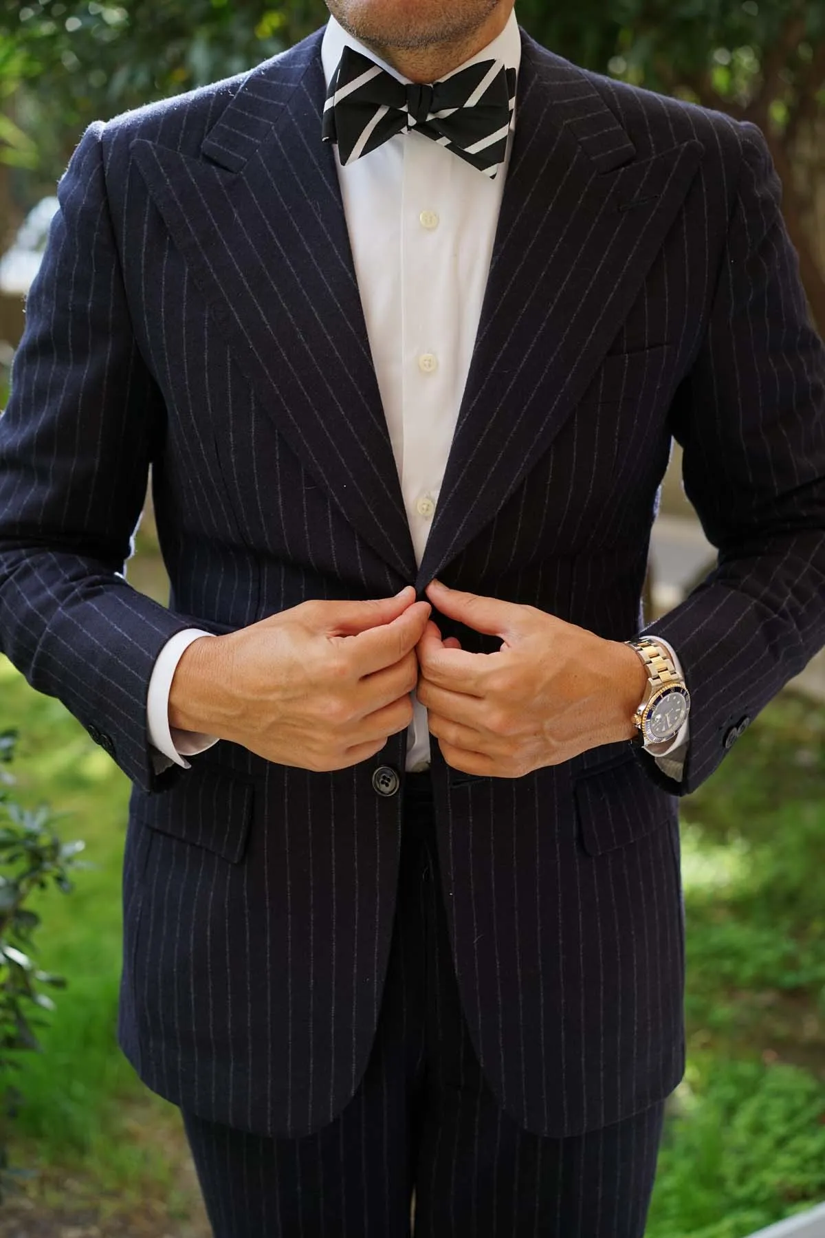 Black Pencil Stripe Self Bow Tie