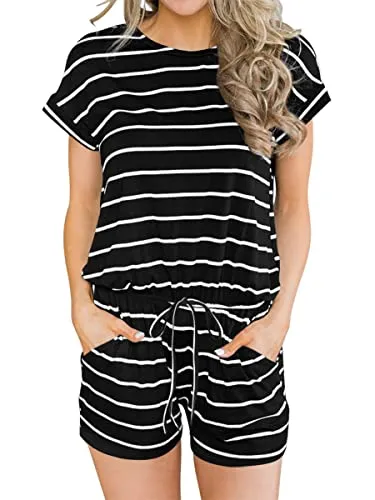 Black White Stripes Summer Crewneck Casual Loose Short Sleeve Jumpsuit Rompers One Piece Pajamas Loungewear with Pockets - ANRABESS