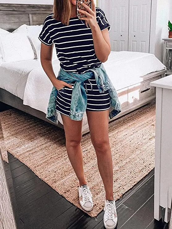 Black White Stripes Summer Crewneck Casual Loose Short Sleeve Jumpsuit Rompers One Piece Pajamas Loungewear with Pockets - ANRABESS