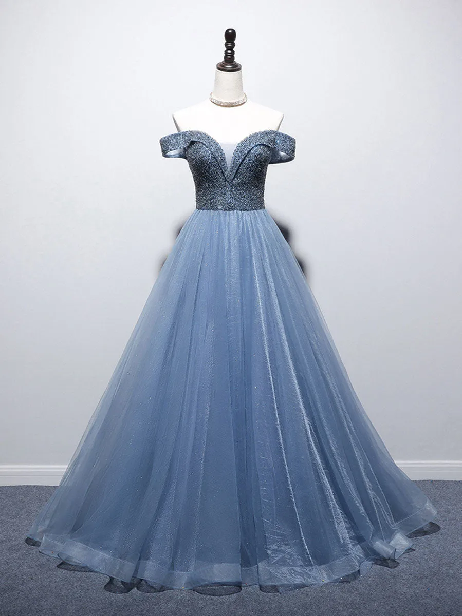 Blue Sweetheart Neck Tulle Beads Off Shoulder Long Prom Dress