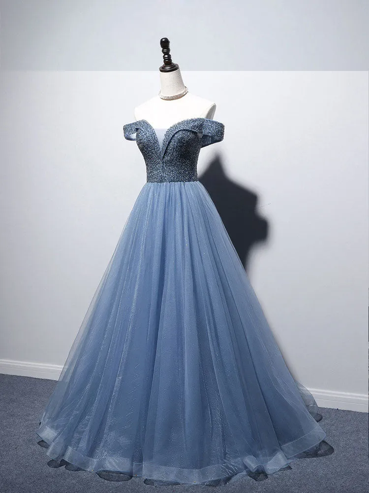 Blue Sweetheart Neck Tulle Beads Off Shoulder Long Prom Dress